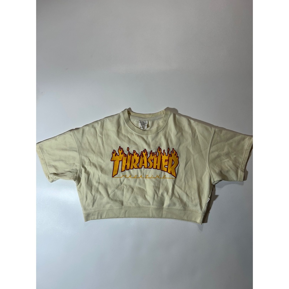 Thrasher Cropped Sweatshirt Womens S Cream Excellent Flame Logo Short Sleeve